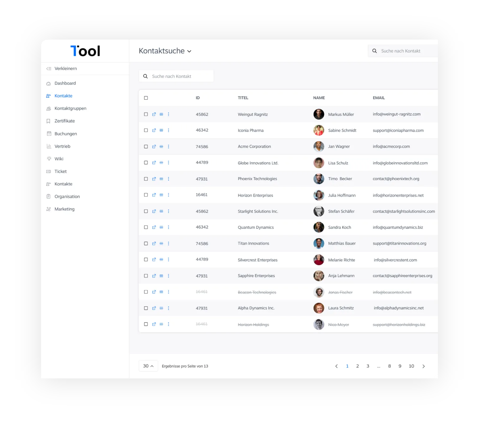 Kontaktsuche in 1Tool mit Liste aller Kontakte